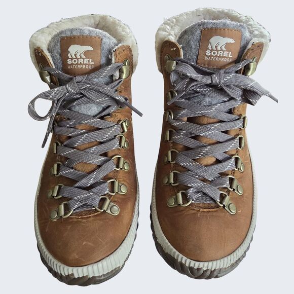 Sorel Boots Leather Tan Brown Out N About Plus Hiking Gorpcore Cabin Women's 6 - Picture 2 of 10